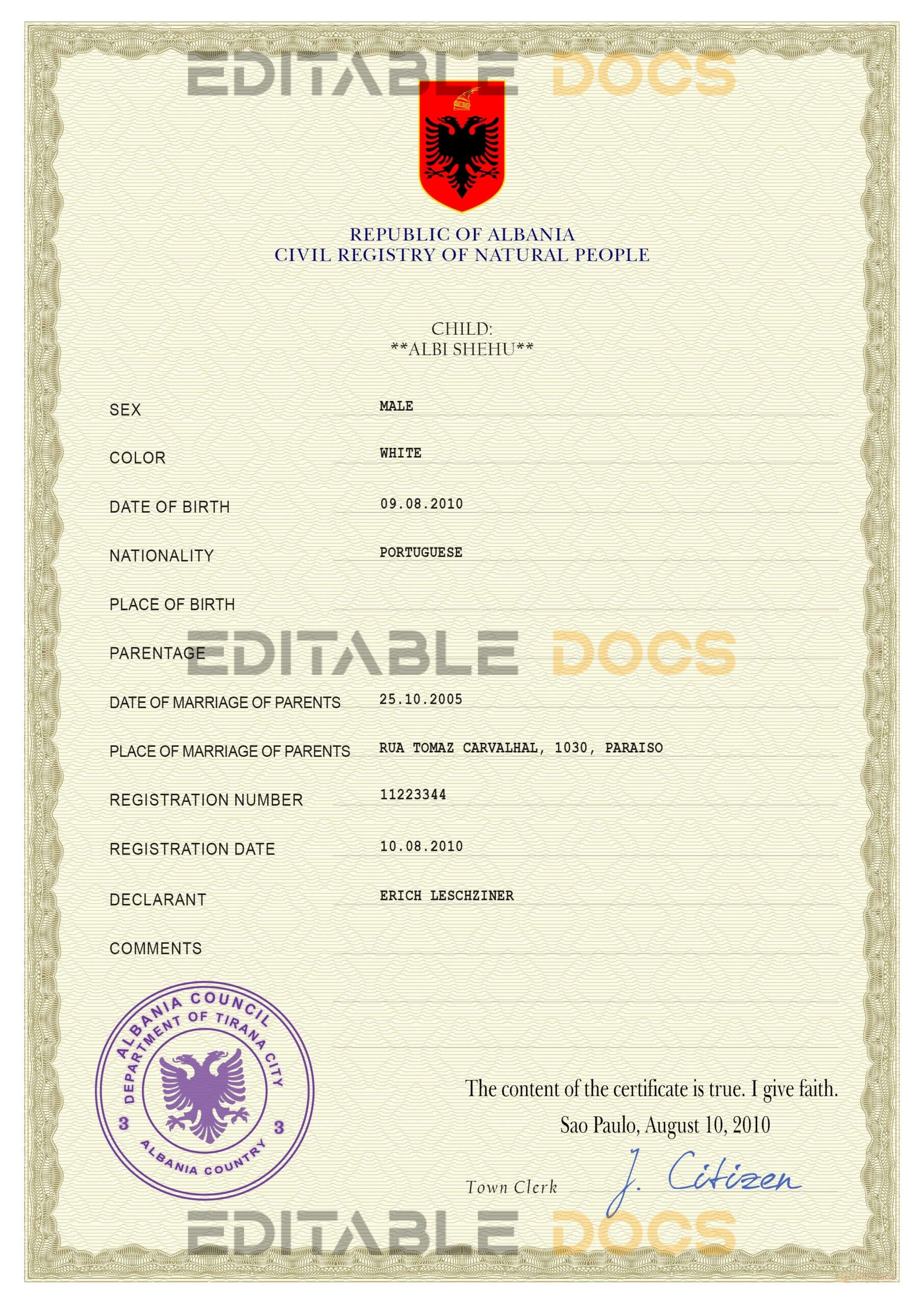 Albania birth certificate PSD template Authentic Albania Birth Certificate Template | Customize and Download Online