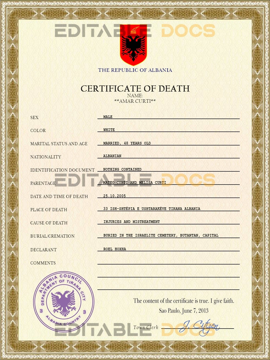 Albania-death-certificate-PSD-template-completely-editable.jpg Albania death certificate PSD template