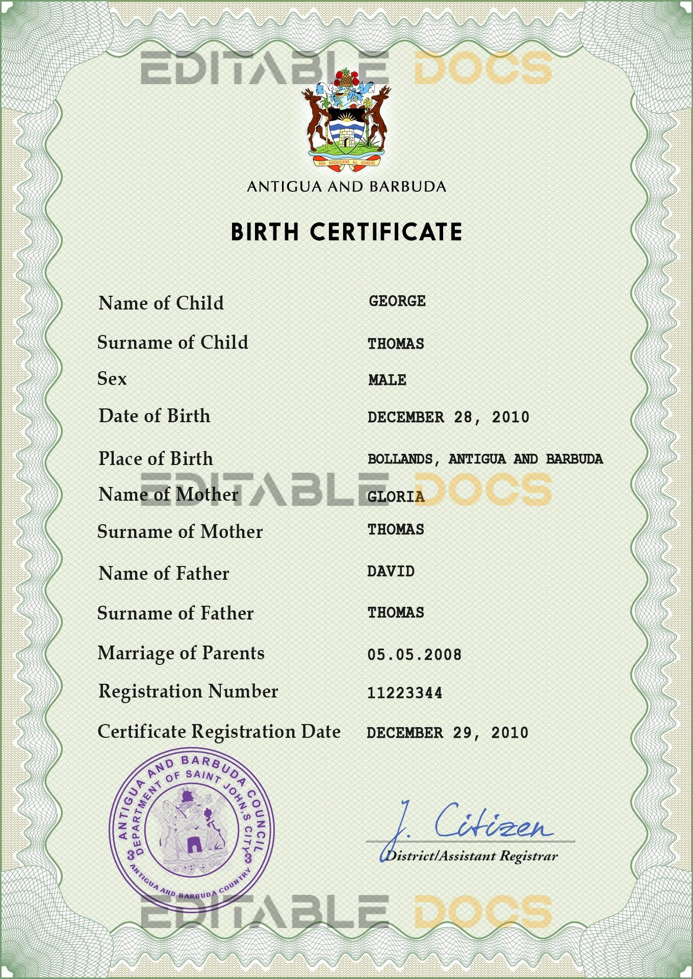 Antigua and Barbuda birth certificate PSD template Authentic Antigua and Barbuda Birth Certificate Template | Customize and Download Online
