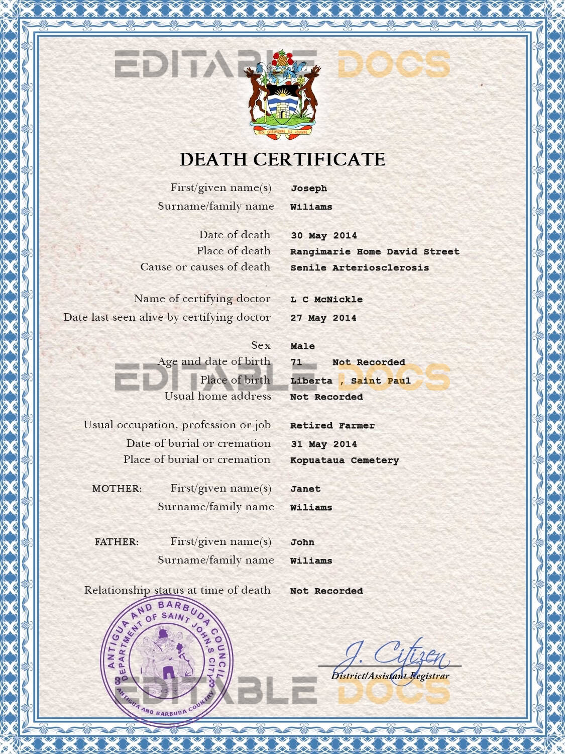 Antigua and Barbuda vital record death certificate PSD template