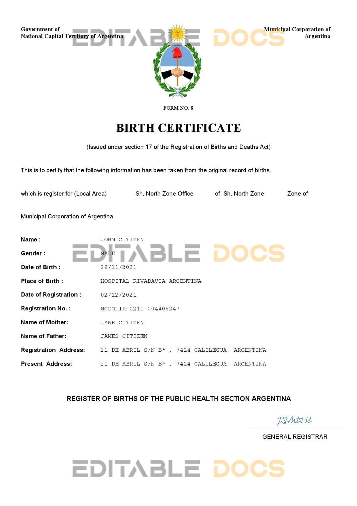 Argentina birth certificate Word and PDF template