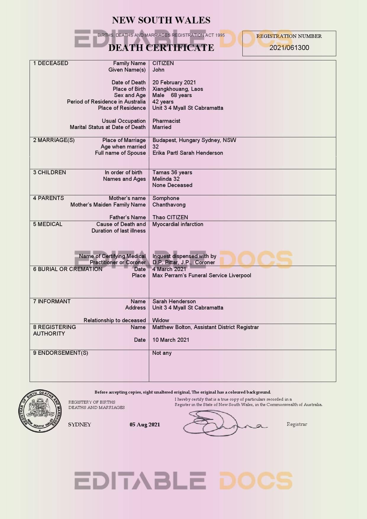 Australia New South Wales death certificate template in Word format