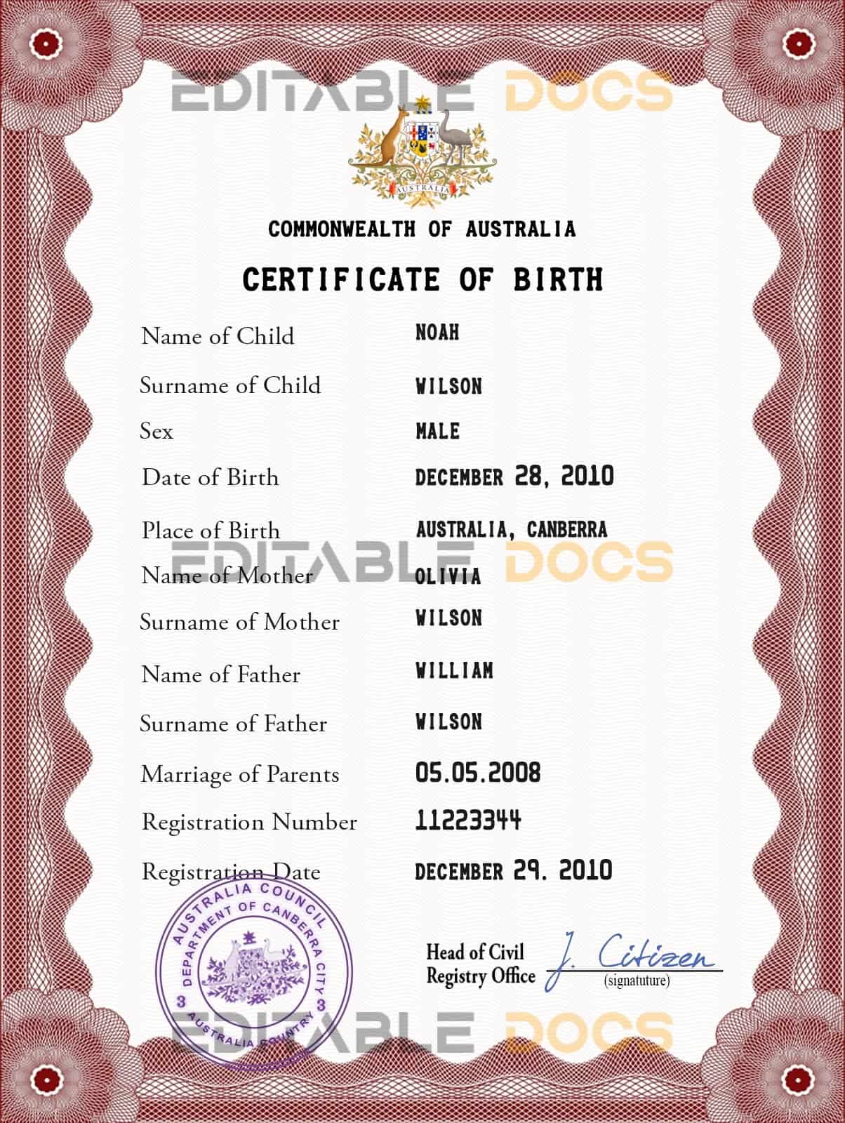 Australia vital record birth certificate PSD template
