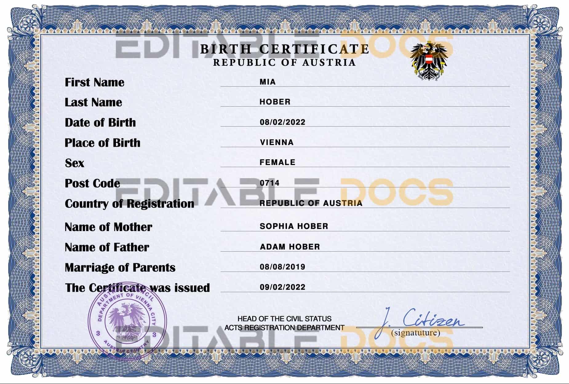Authentic Austria Birth Certificate Template | Customize and Download Online