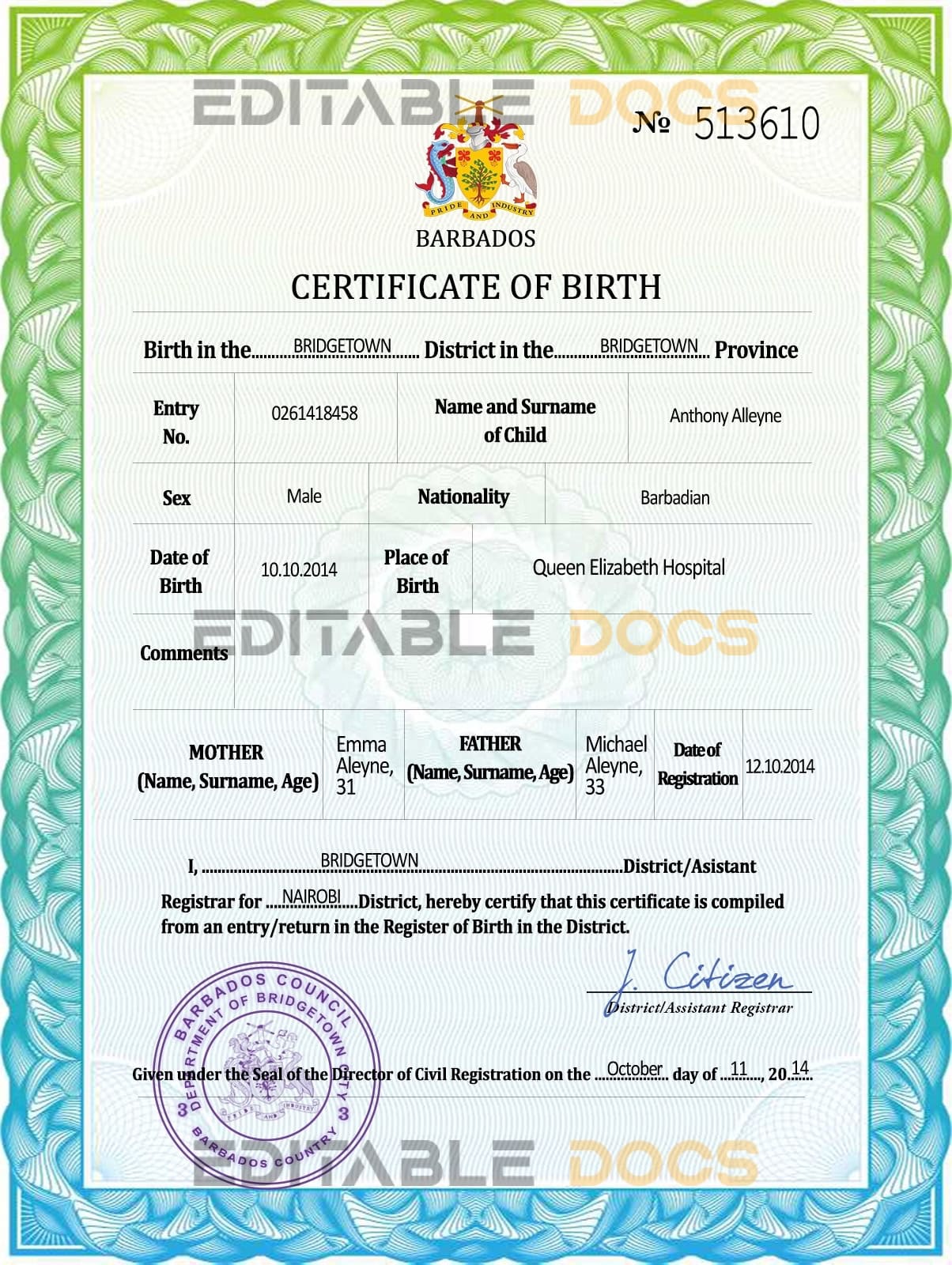 Barbados vital record birth certificate PSD template
