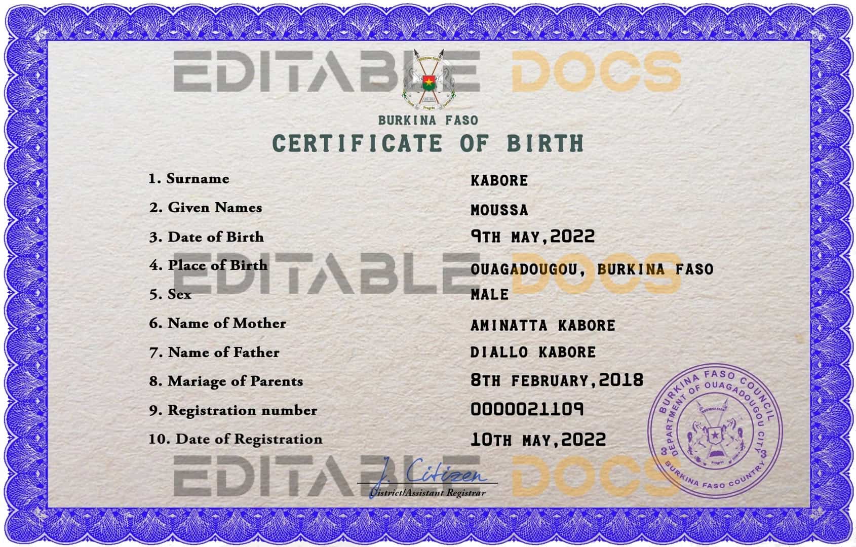 Burkina Faso vital record birth certificate PSD template