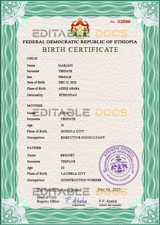 Authentic Ethiopia Birth Certificate Template Customize and Download Online Authentic Ethiopia Birth Certificate Template Customize and Download Online