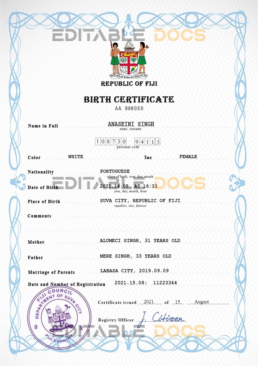 Authentic Fiji Birth Certificate Template Customize and Download Online Authentic Fiji Birth Certificate Template Customize and Download Online