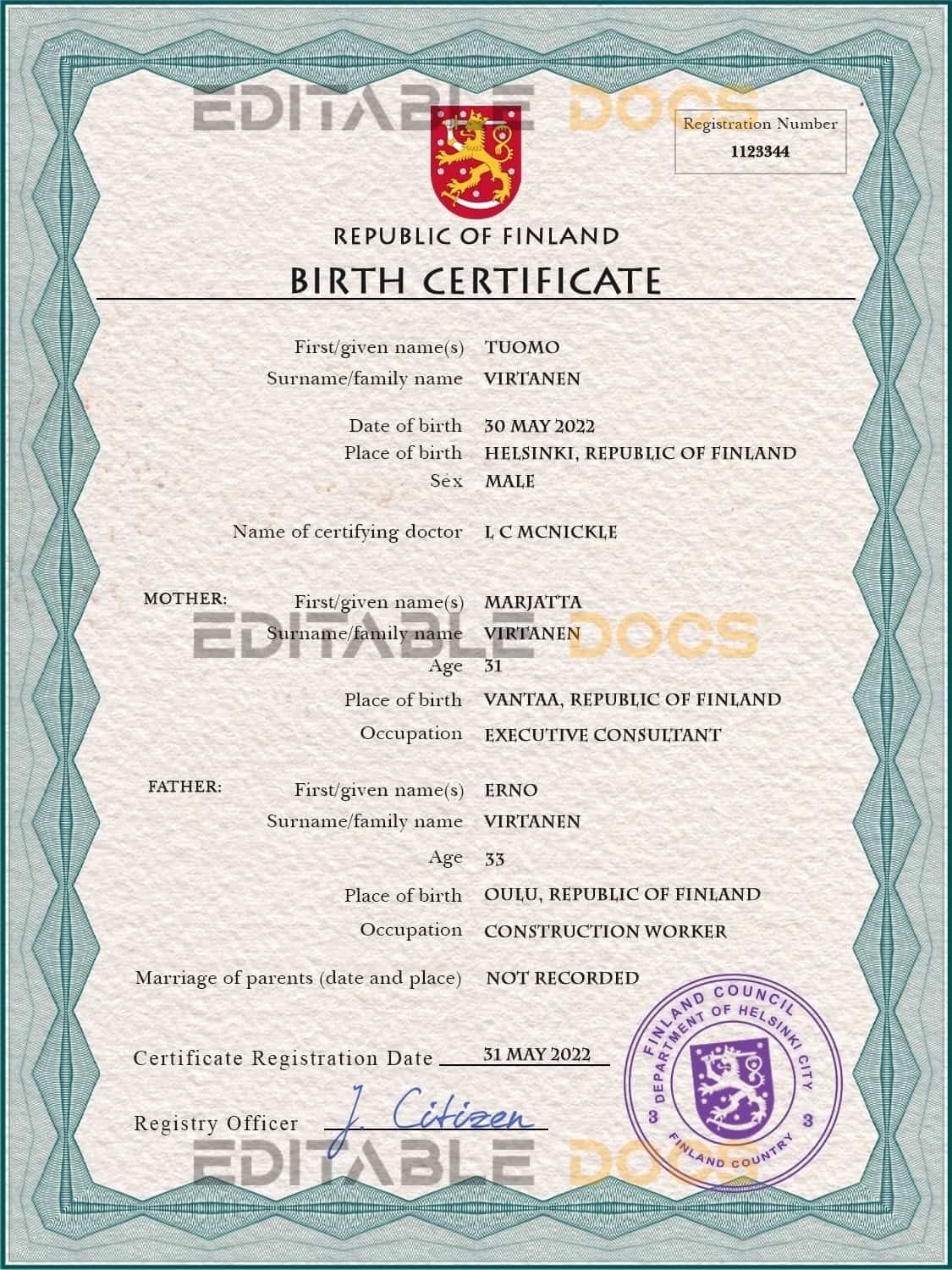 Finland vital record birth certificate PSD template Finland vital record birth certificate PSD template