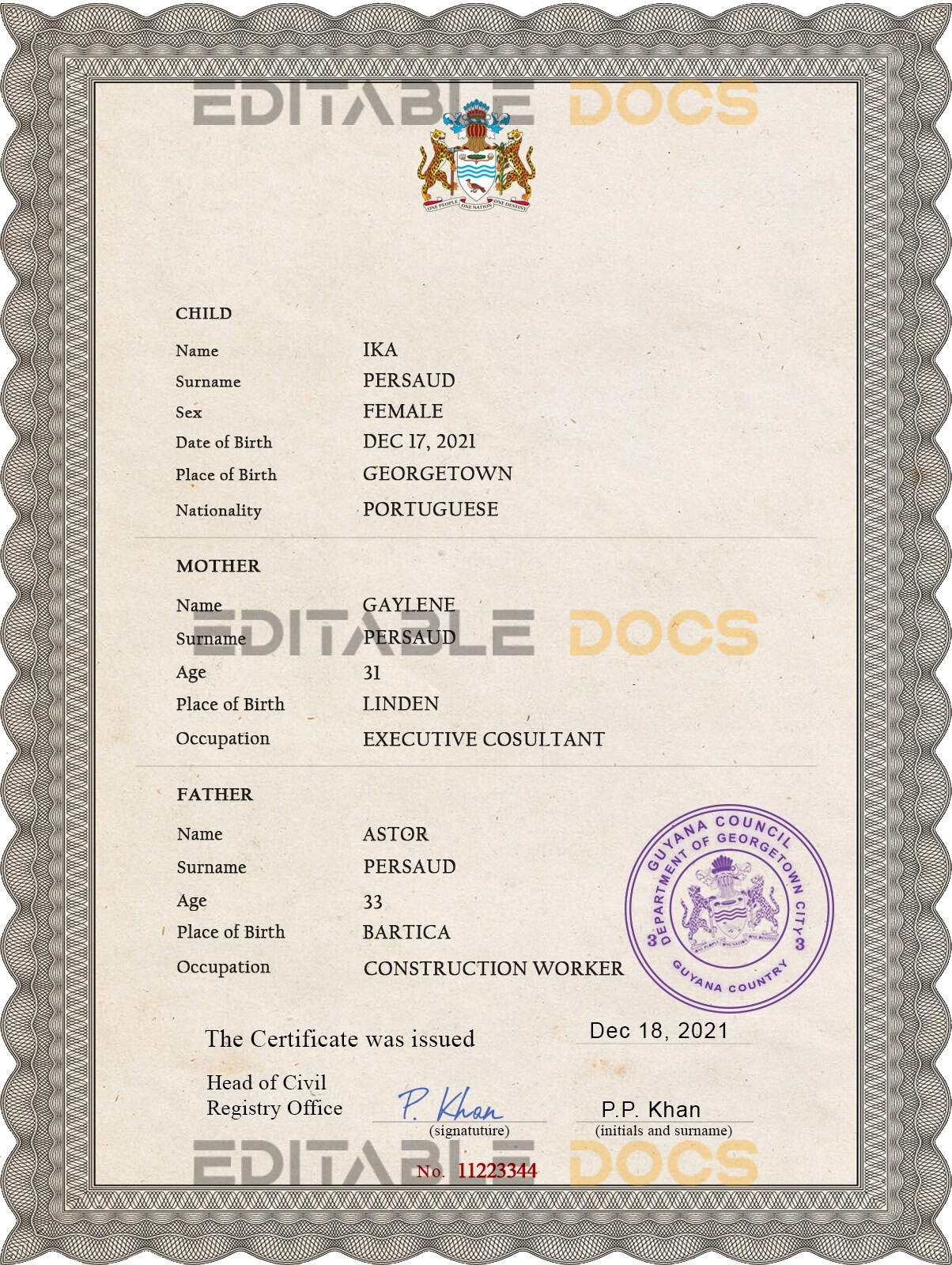 Authentic Guyana Birth Certificate Template Customize and Download Online Authentic Guyana Birth Certificate Template Customize and Download Online
