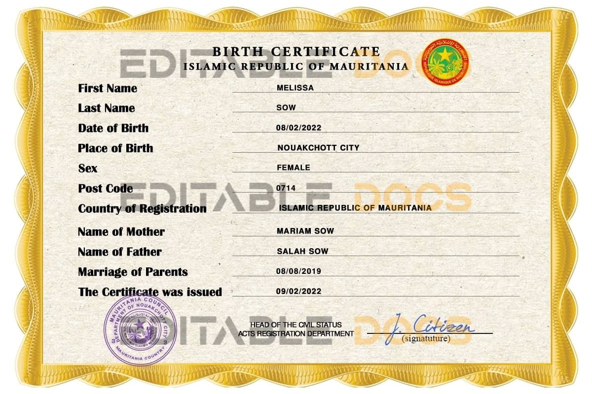 Authentic-Mauritania-Birth-Certificate-Template-Customize-and-Download-Online.jpg Mauritania birth certificate PSD template