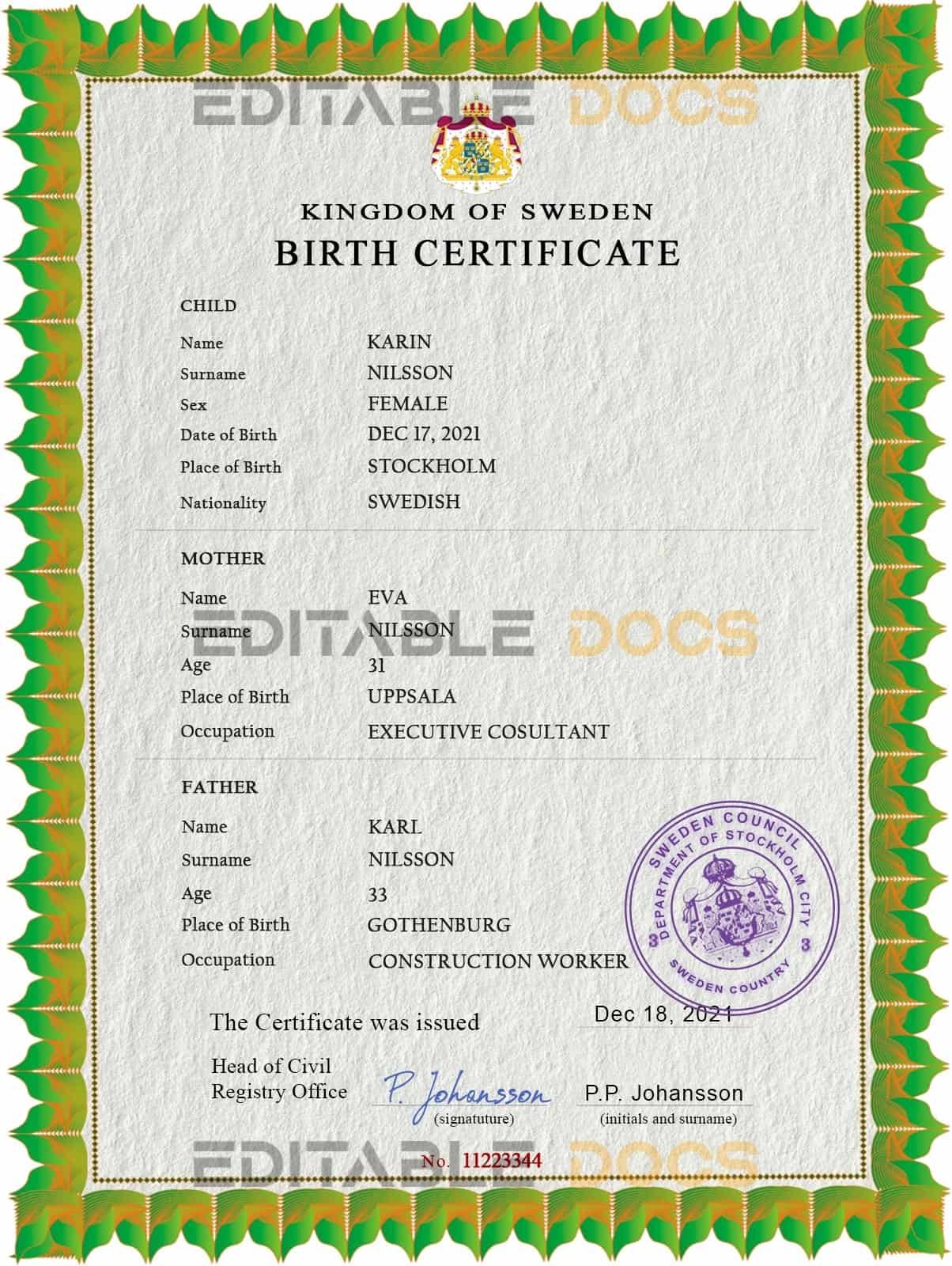 Authentic-Sweden-Birth-Certificate-Template-Customize-and-Download-Online.jpg Sweden vital record birth certificate PSD template