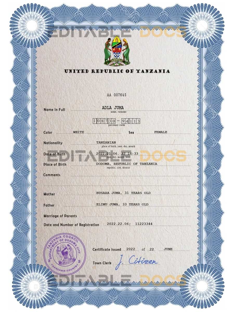 Authentic Tanzania Birth Certificate Template Customize and Download Online Authentic Tanzania Birth Certificate Template Customize and Download Online