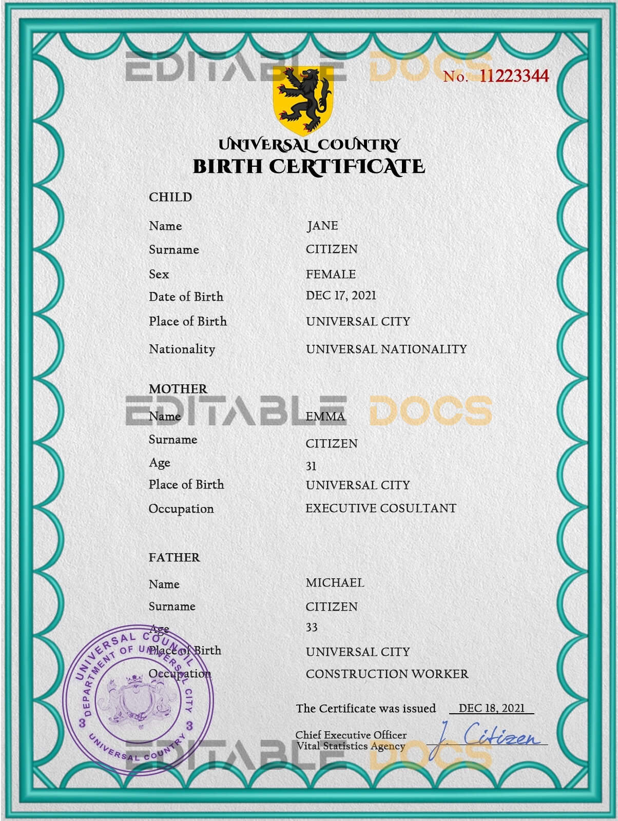 Authentic action universal Birth Certificate PSD Template