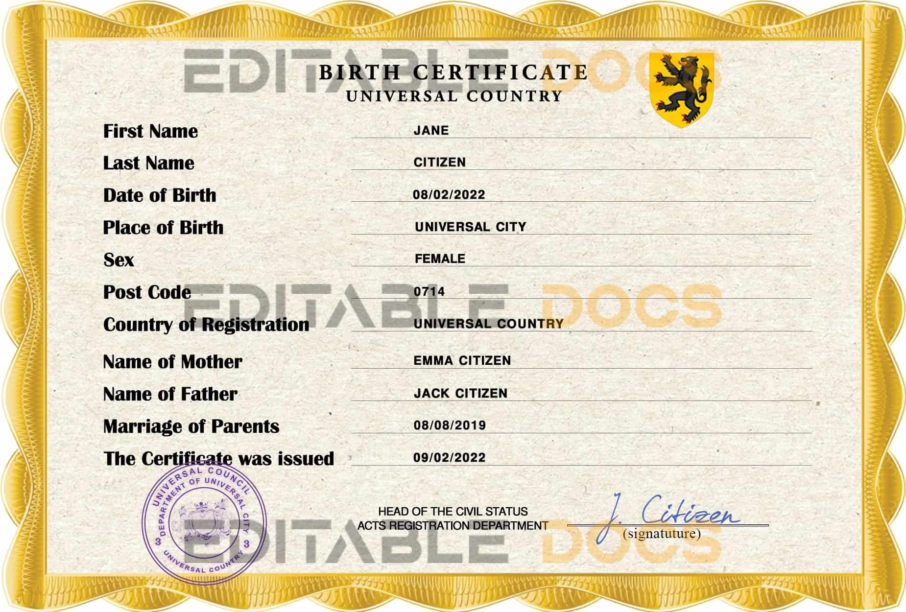 Authentic birthverse universal Birth Certificate PSD Template