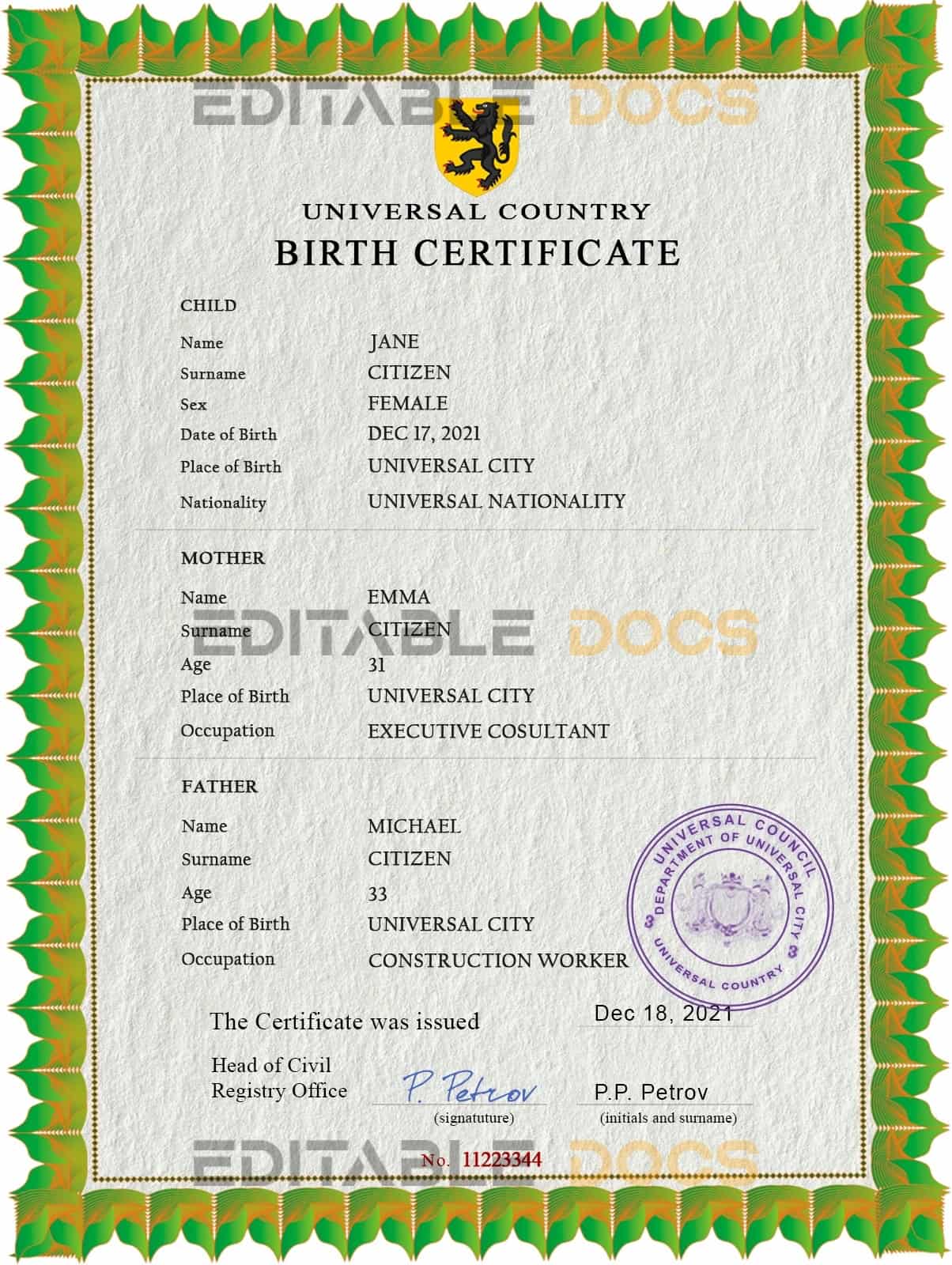Authentic bold universsio universal Birth Certificate PSD Template