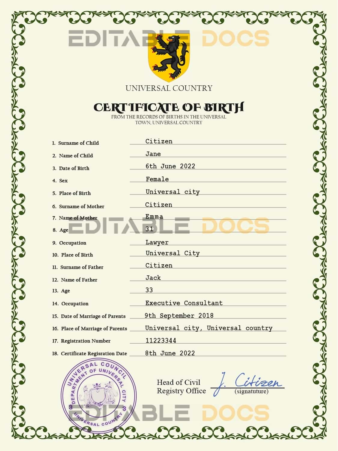 Authentic foster universal Birth Certificate PSD Template