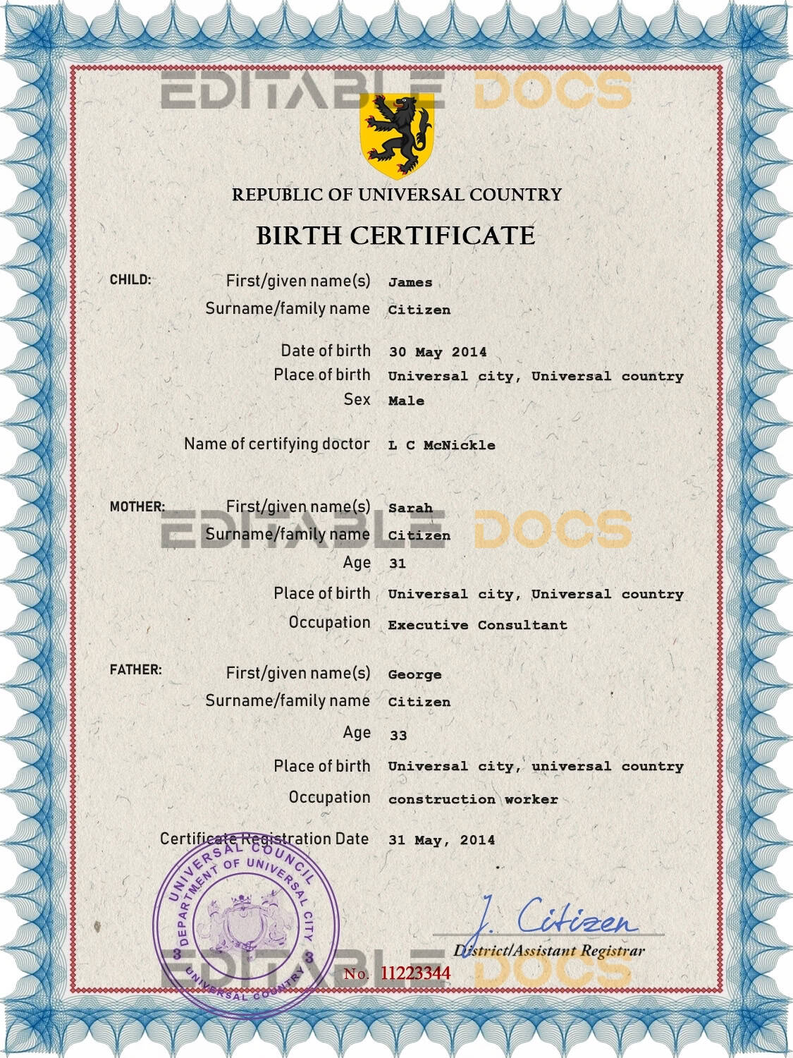 Authentic mass project universal Birth Certificate PSD Template