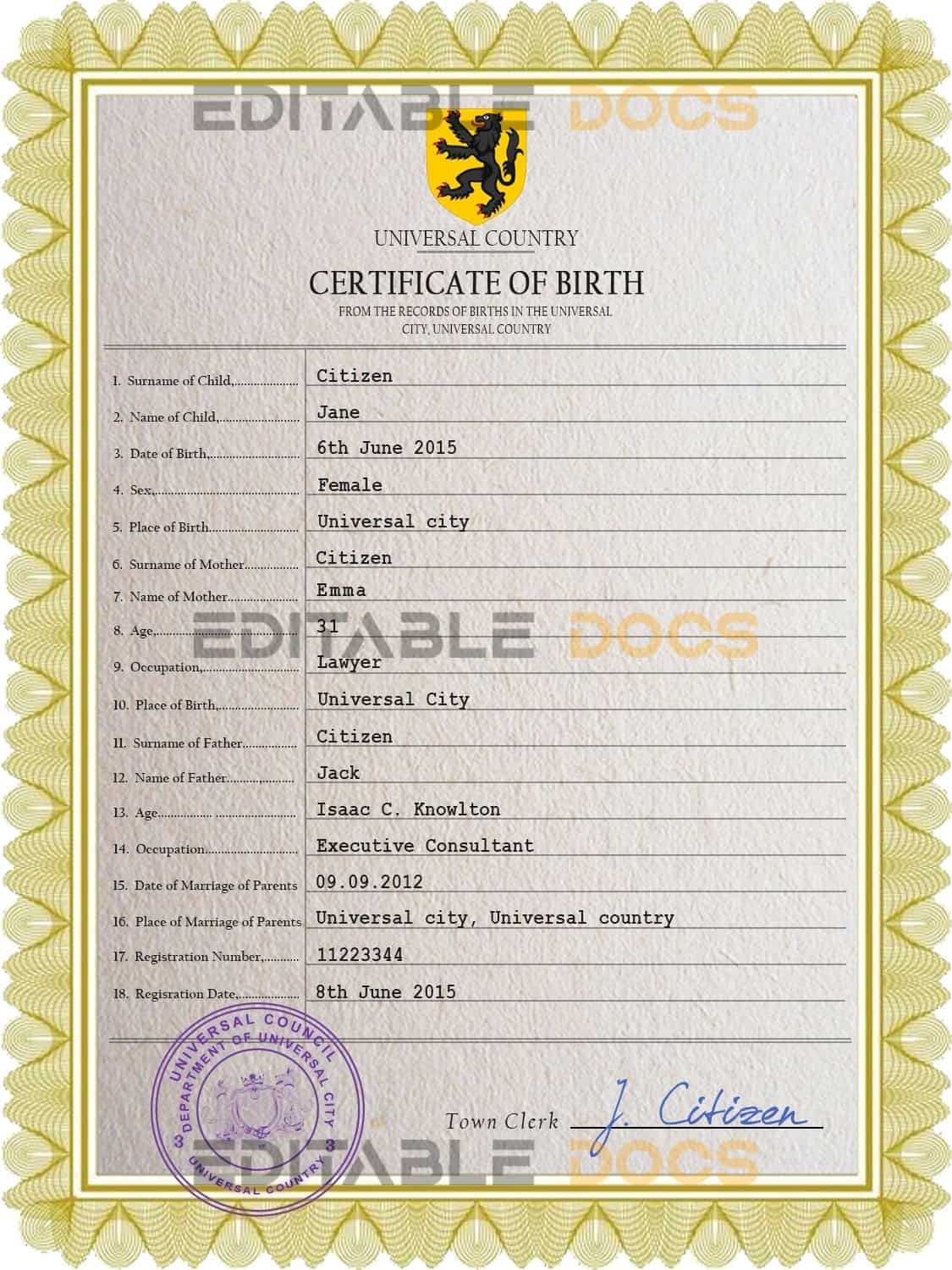 Authentic praise universal Birth Certificate PSD Template