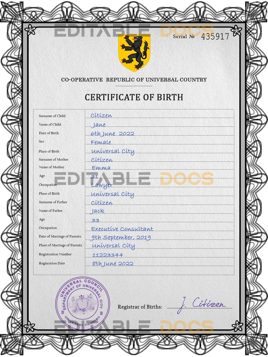 Authentic trident universal Birth Certificate PSD Template