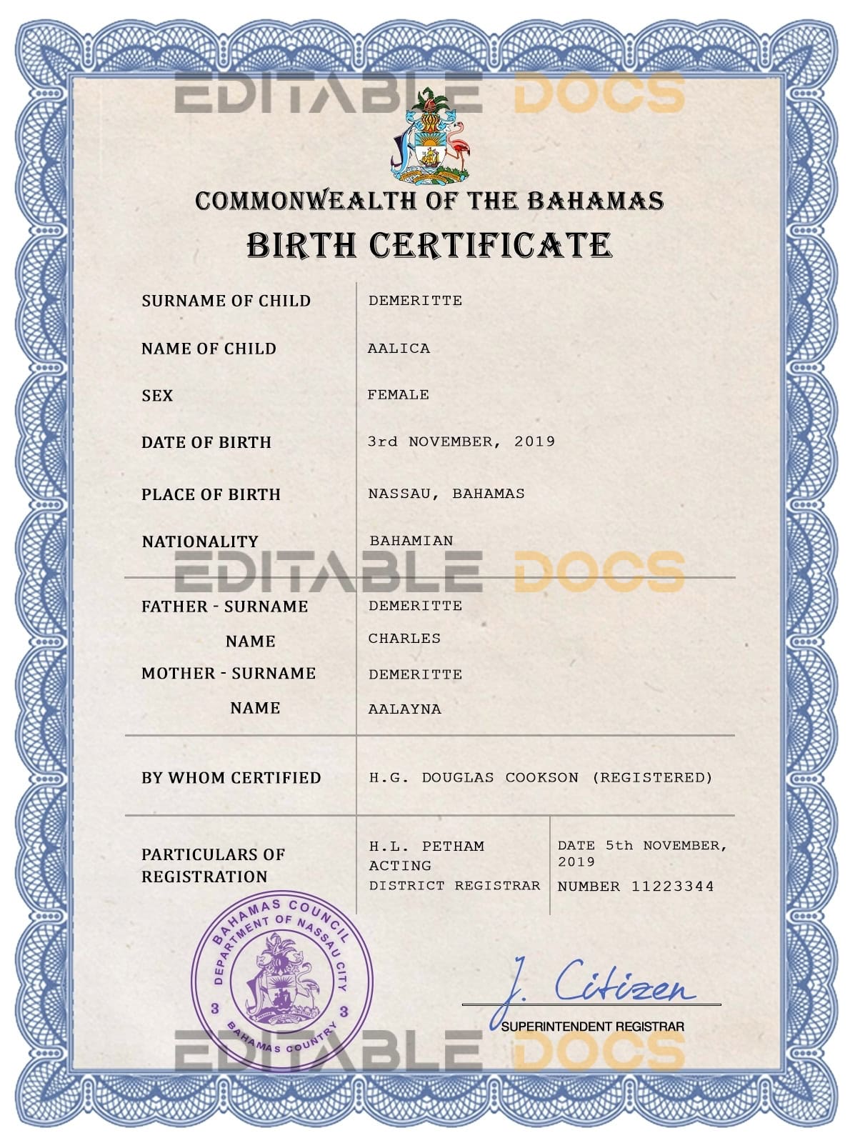 Bahamas vital record birth certificate PSD template Authentic Bahamas Birth Certificate Template | Customize and Download Online