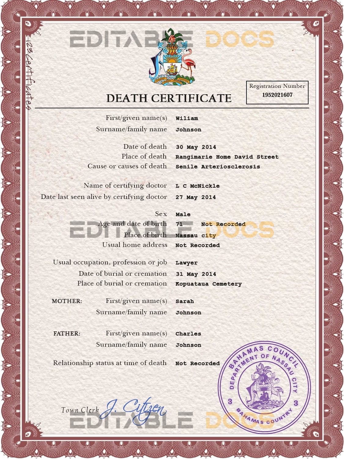 Bahamas vital record death certificate PSD template Bahamas vital record death certificate PSD template