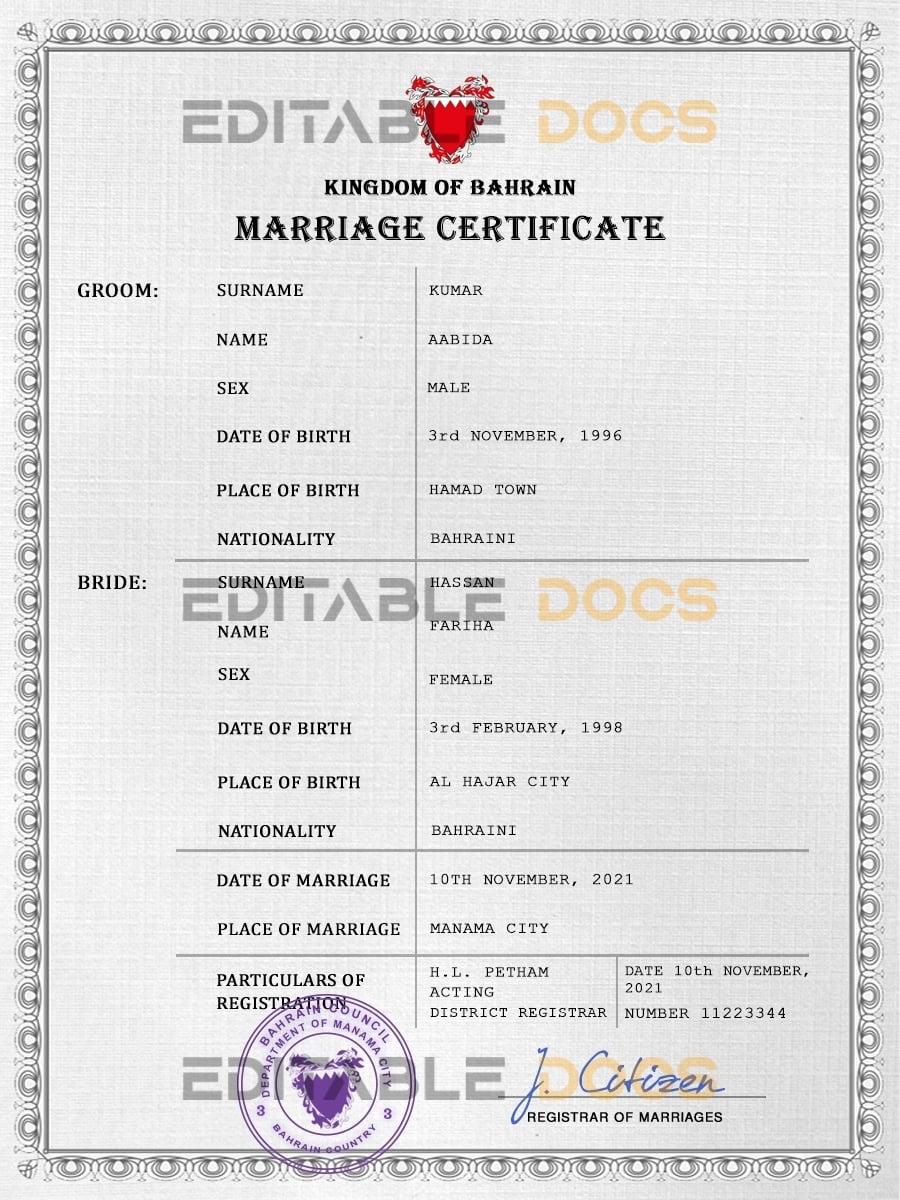 Bahrain Marriage Certificate Editable PSD Templates Bahrain Marriage Certificate Editable PSD Templates