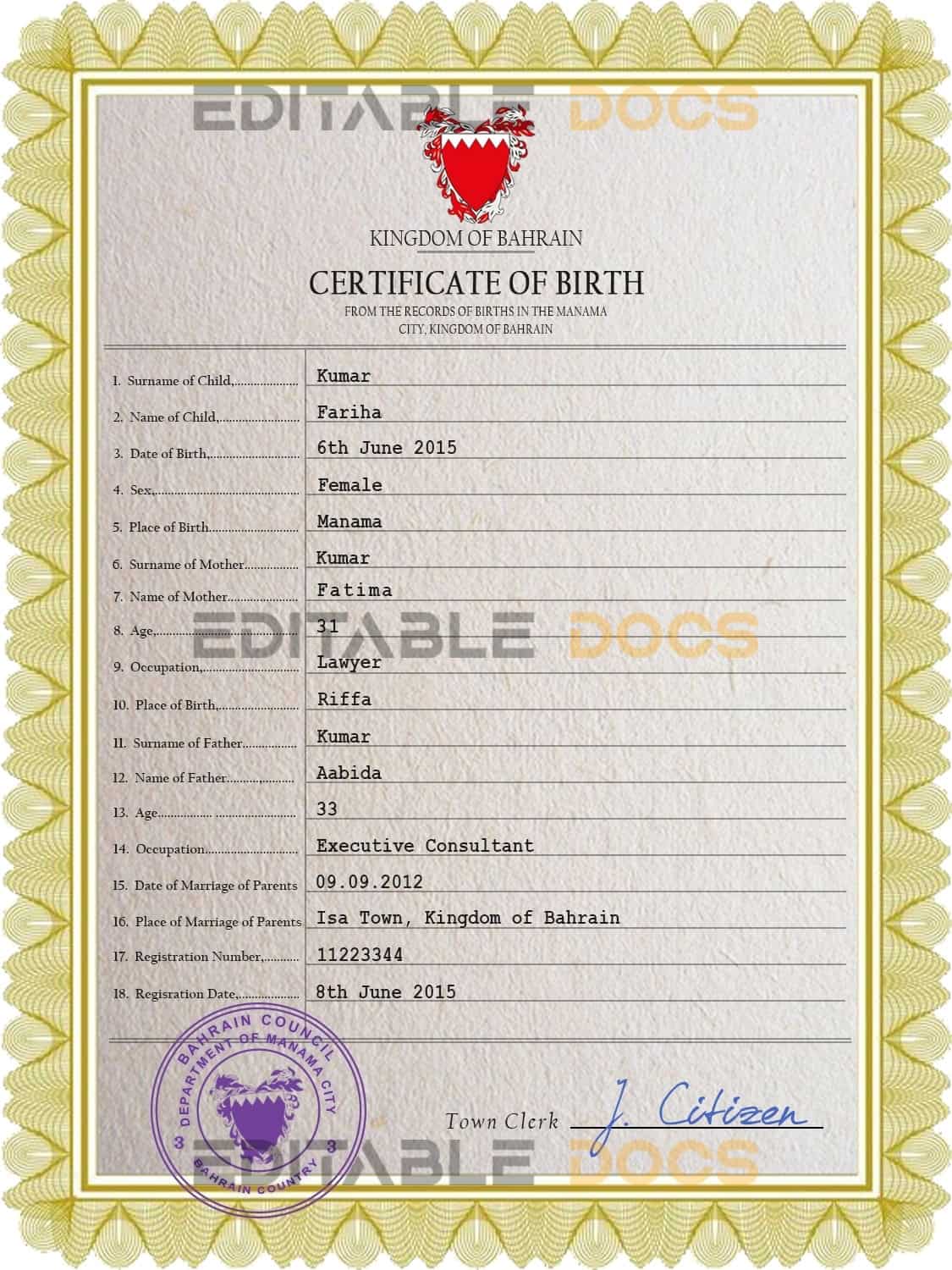 Authentic Bahrain Birth Certificate Template | Customize and Download Online