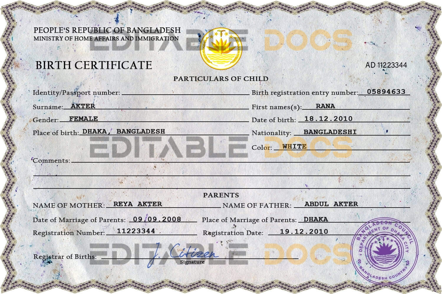 Bangladesh vital record birth certificate PSD template Authentic Bangladesh Birth Certificate Template | Customize and Download Online