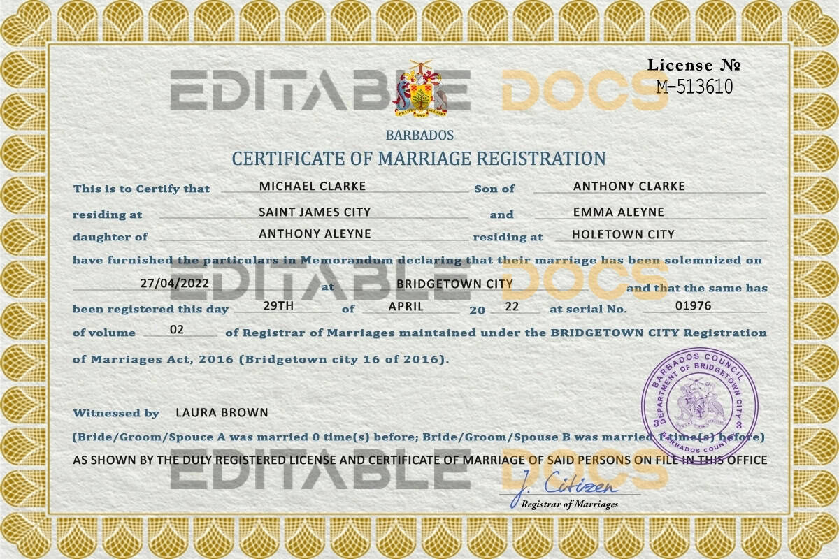 Barbados Marriage Certificate Editable PSD Templates