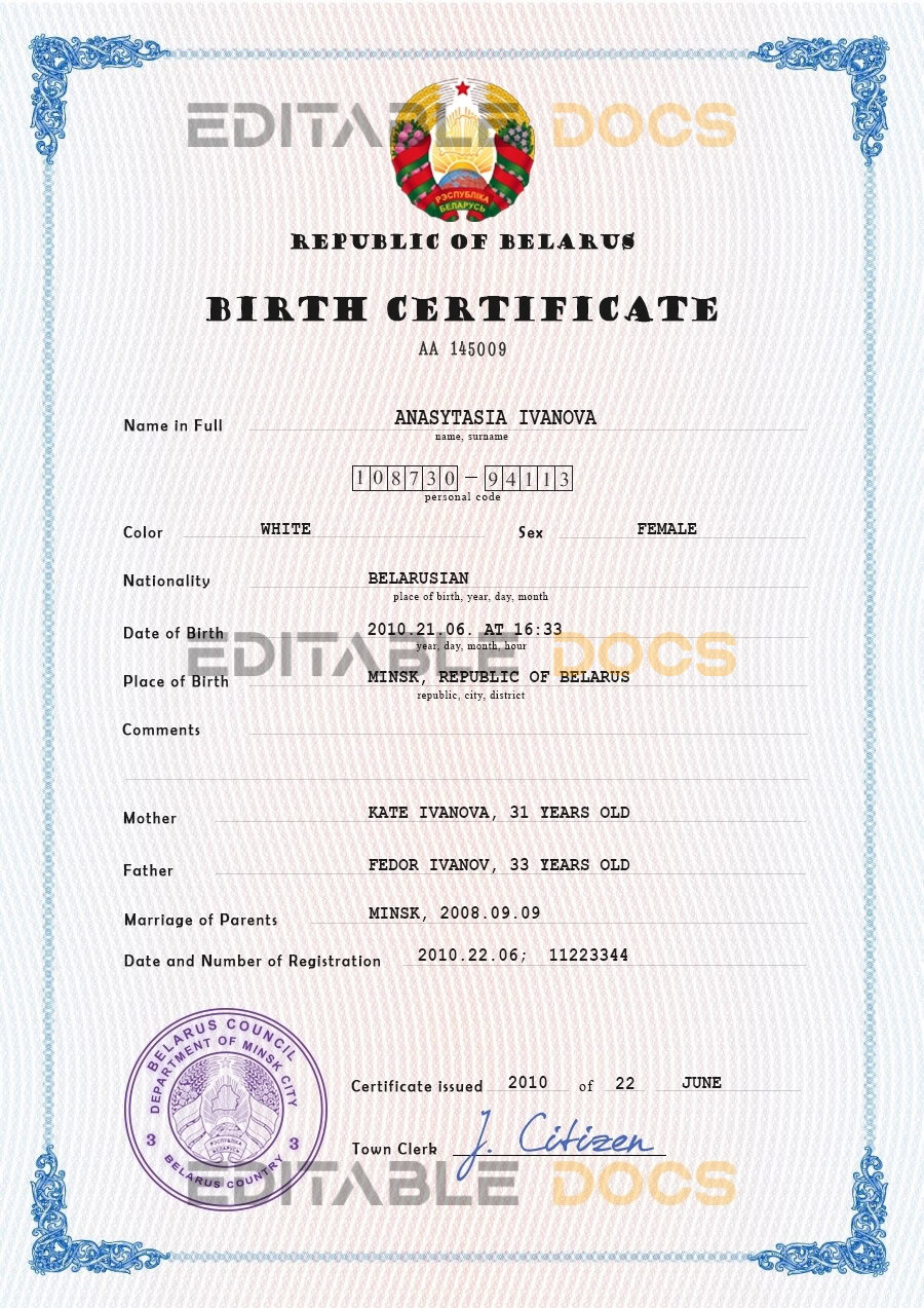 Authentic Belarus Birth Certificate Template | Customize and Download Online