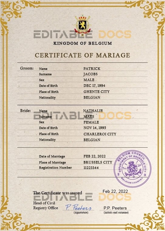 Belgium Marriage Certificate Editable PSD Templates Belgium Marriage Certificate Editable PSD Templates
