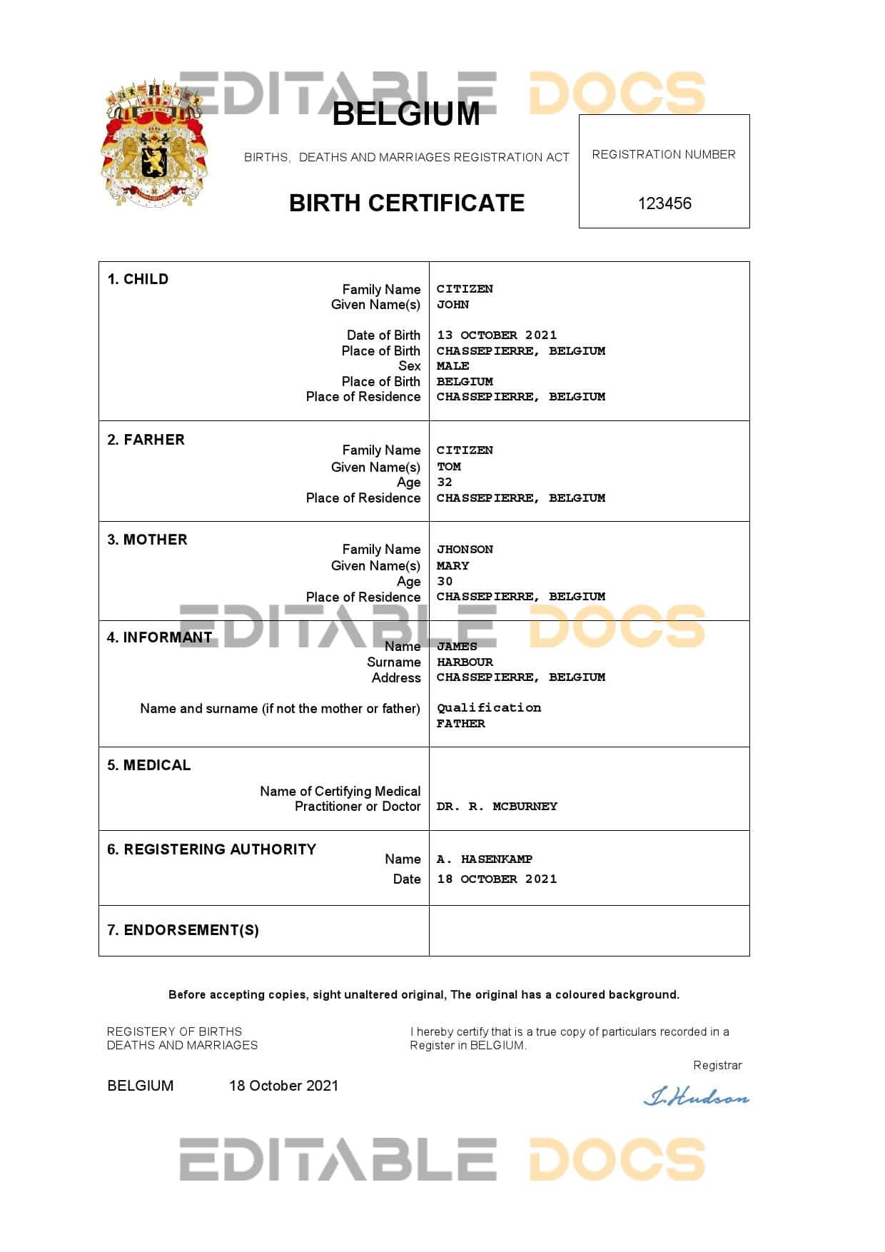 Belgium vital record birth certificate Word and PDF template Belgium vital record birth certificate Word and PDF template