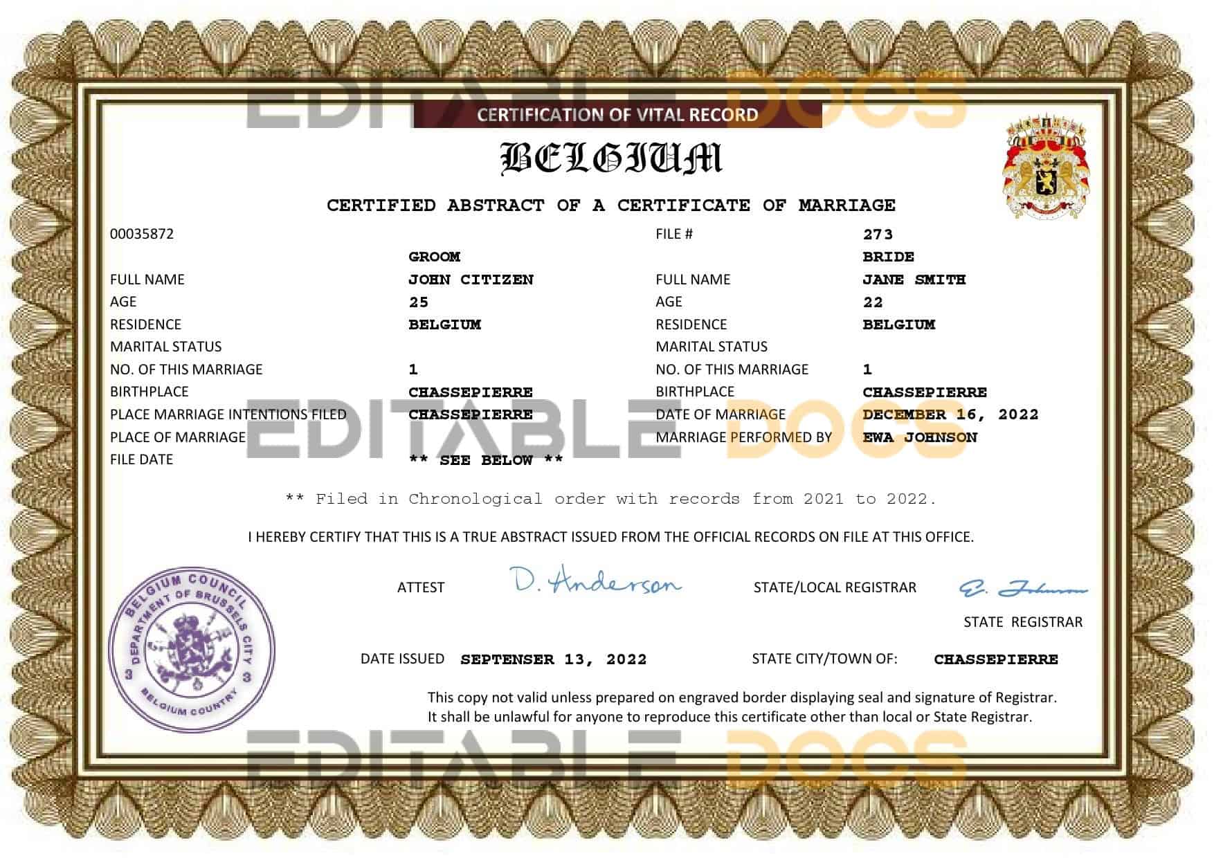 Belgium Marriage Certificate Editable PDF Templates Belgium Marriage Certificate | Editable PDF Templates