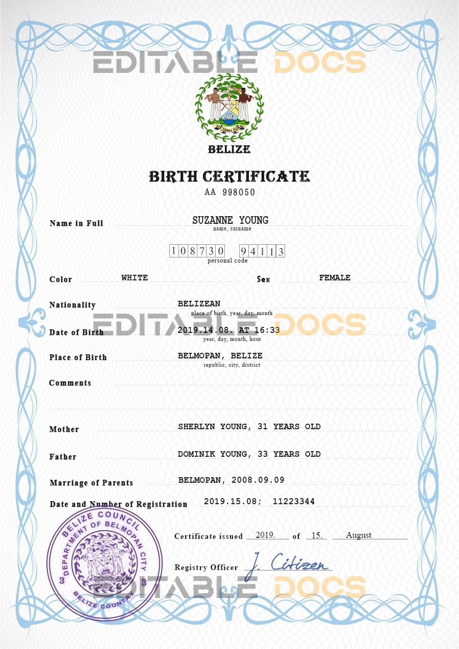 Belize vital record birth certificate PSD template