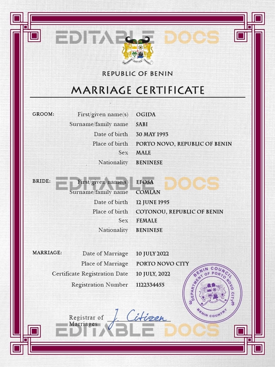Benin Marriage Certificate Editable PSD Templates Benin Marriage Certificate Editable PSD Templates