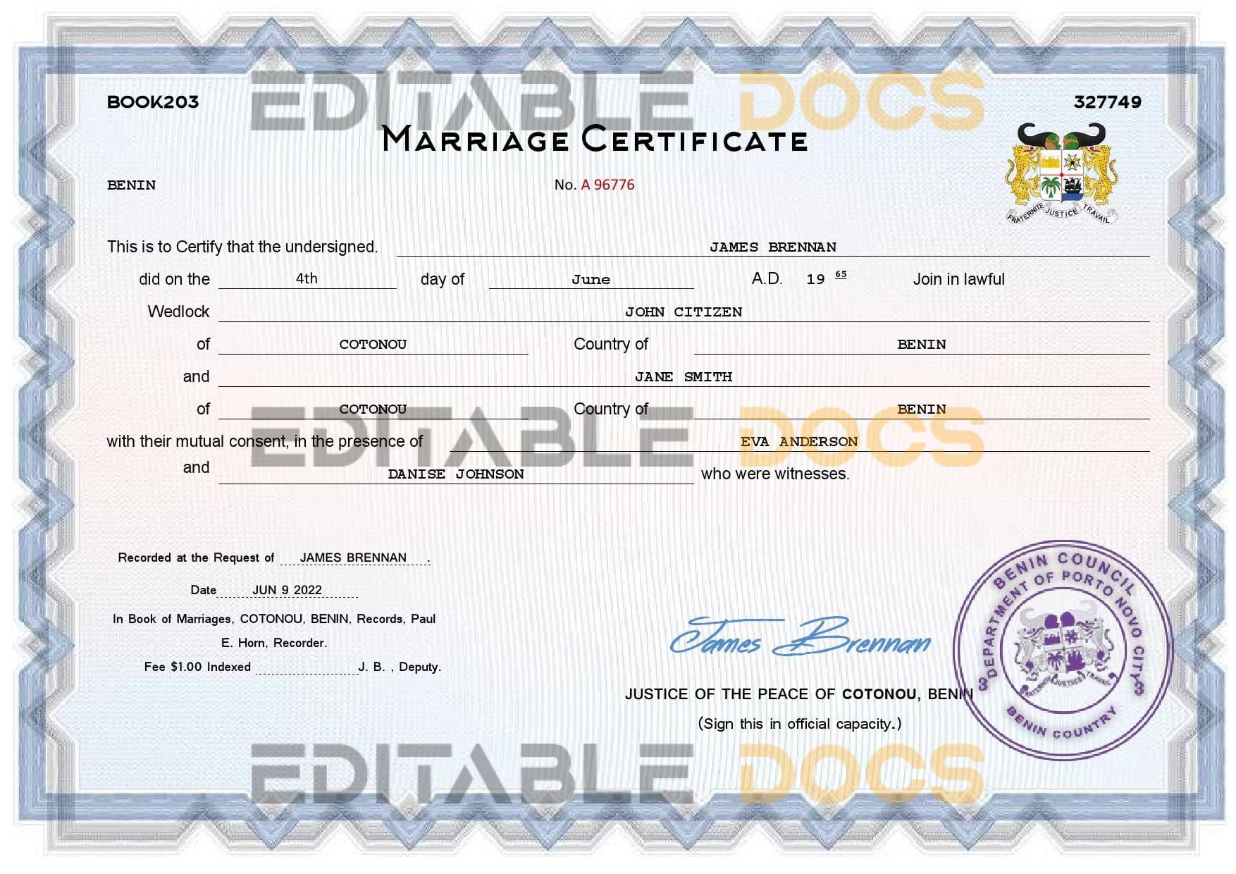 Benin Marriage Certificate Editable PDF Templates Benin Marriage Certificate Editable PDF Templates