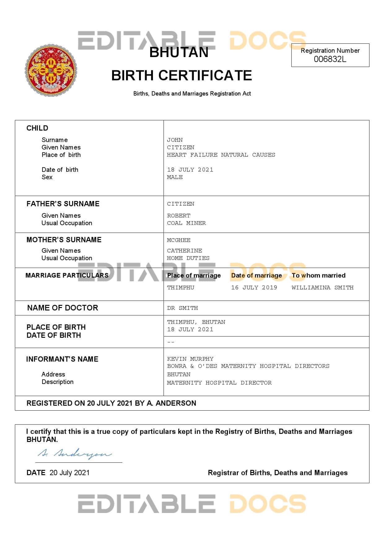 Bhutan-birth-certificate.jpg Bhutan vital record birth certificate Word and PDF template