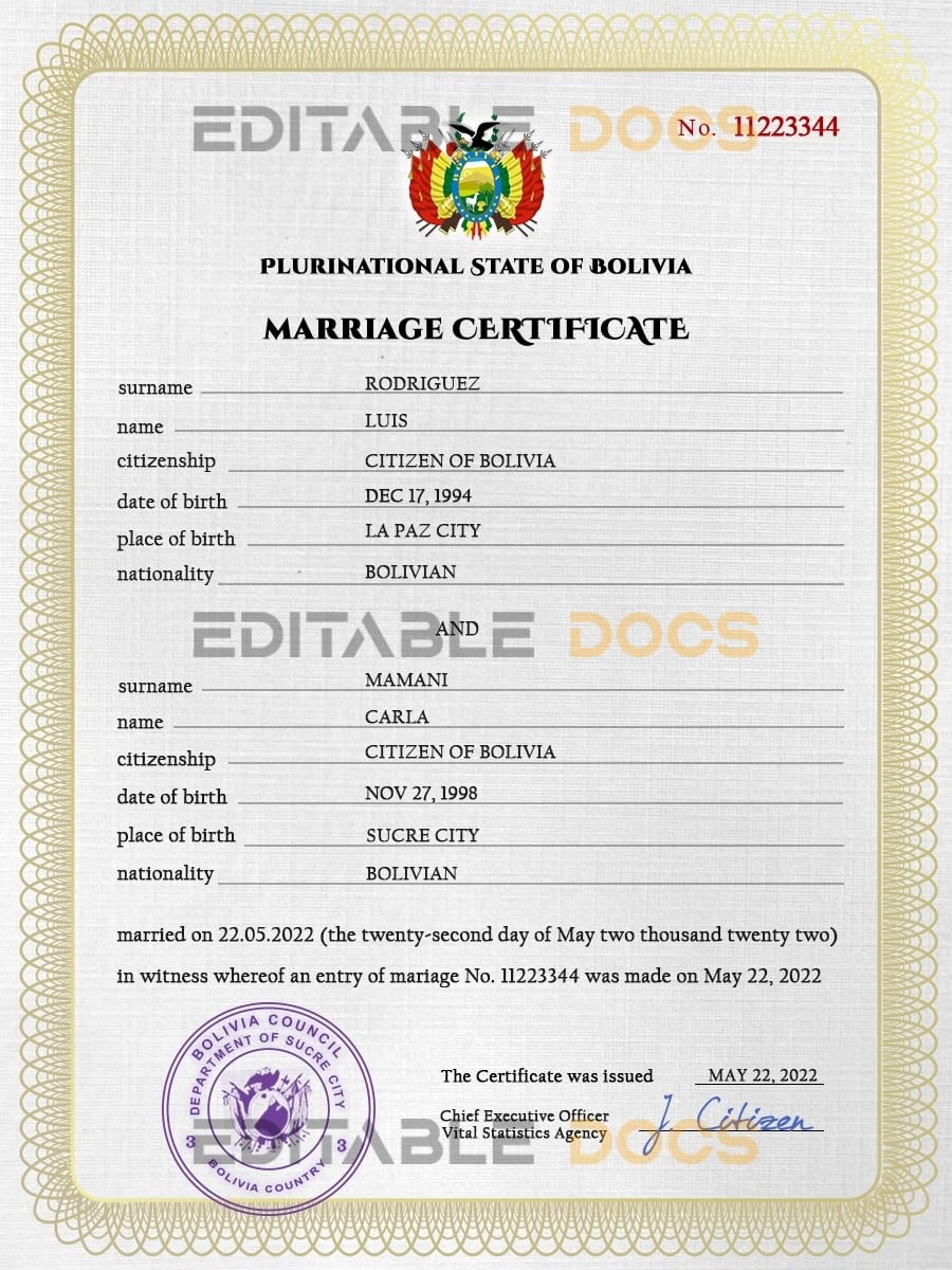 Bolivia Marriage Certificate Editable PSD Templates Bolivia Marriage Certificate Editable PSD Templates