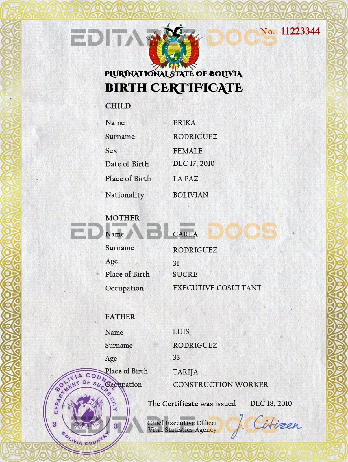 Bolivia vital record birth certificate PSD template Authentic Bolivia Birth Certificate Template | Customize and Download Online