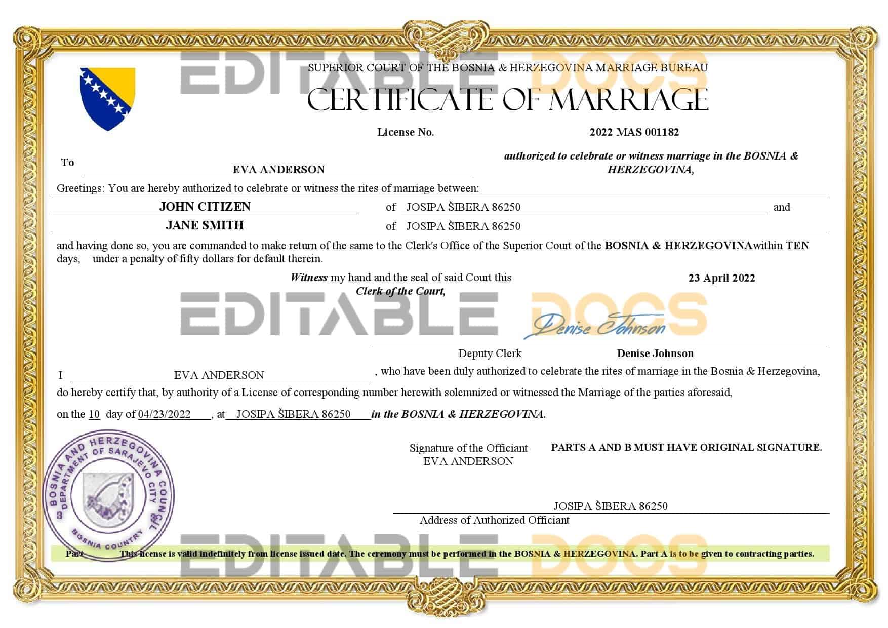 Bosnia Herzegovina Marriage Certificate Editable PDF Templates Bosnia Herzegovina Marriage Certificate Editable PDF Templates