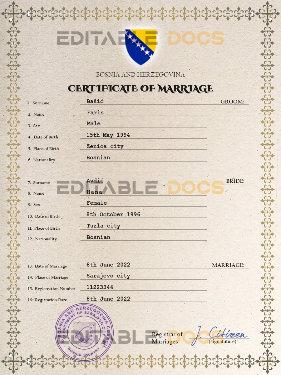 Bosnia and Herzegovina Marriage Certificate Editable PSD Templates Bosnia and Herzegovina Marriage Certificate Editable PSD Templates