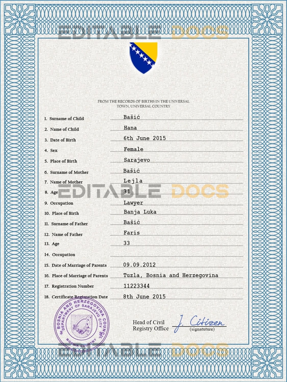 Authentic Bosnia and Herzegovina Birth Certificate Template | Customize and Download Online