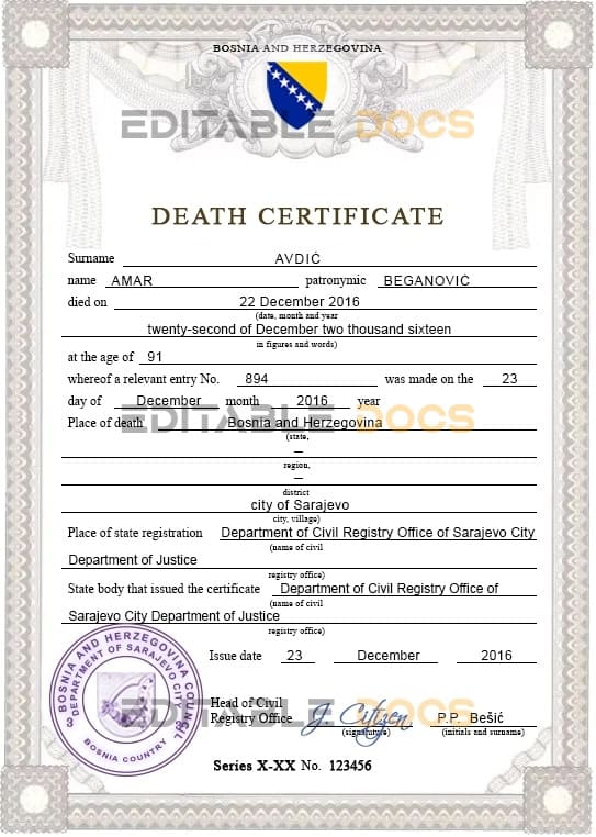 Bosnia and Herzegovina vital record death certificate PSD template