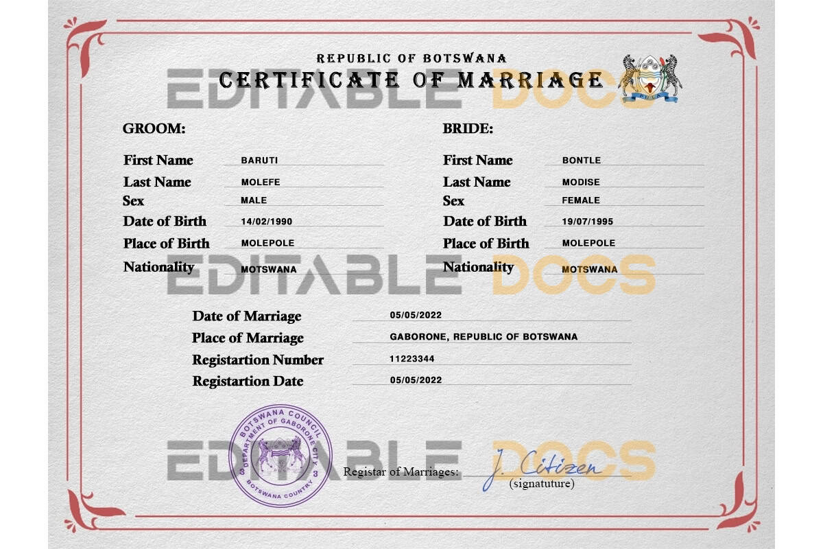 Botswana Marriage Certificate Editable PSD Templates Botswana Marriage Certificate Editable PSD Templates