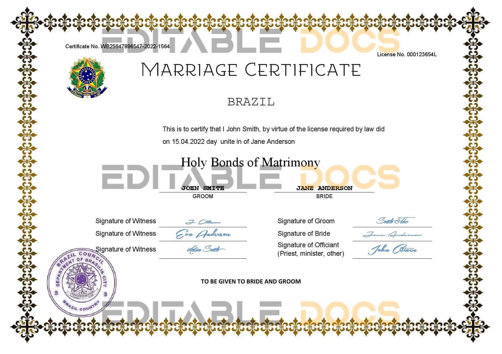 Brazil Marriage Certificate Editable PDF Templates Brazil Marriage Certificate Editable PDF Templates