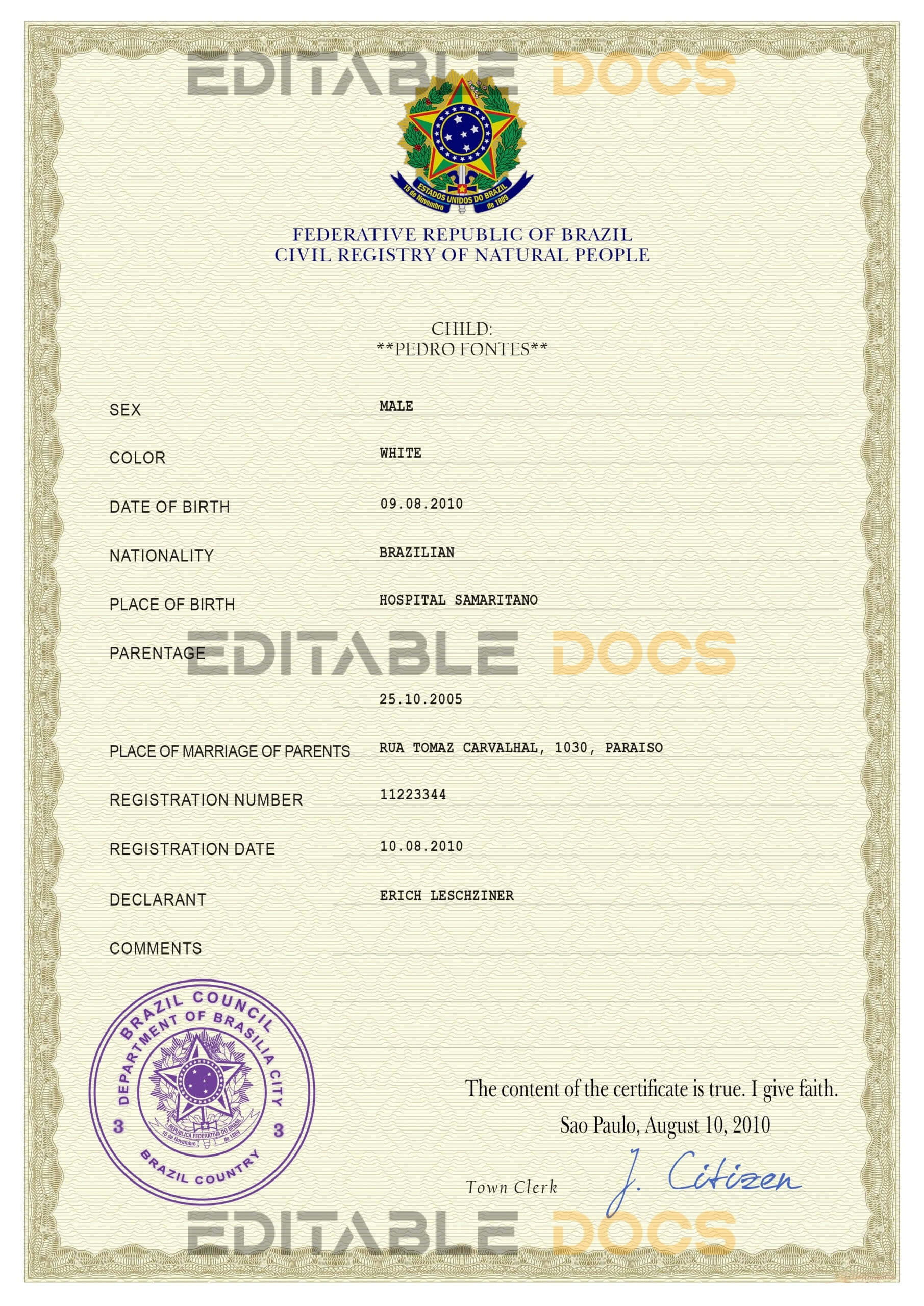 Brazil vital record birth certificate PSD template Brazil vital record birth certificate PSD template