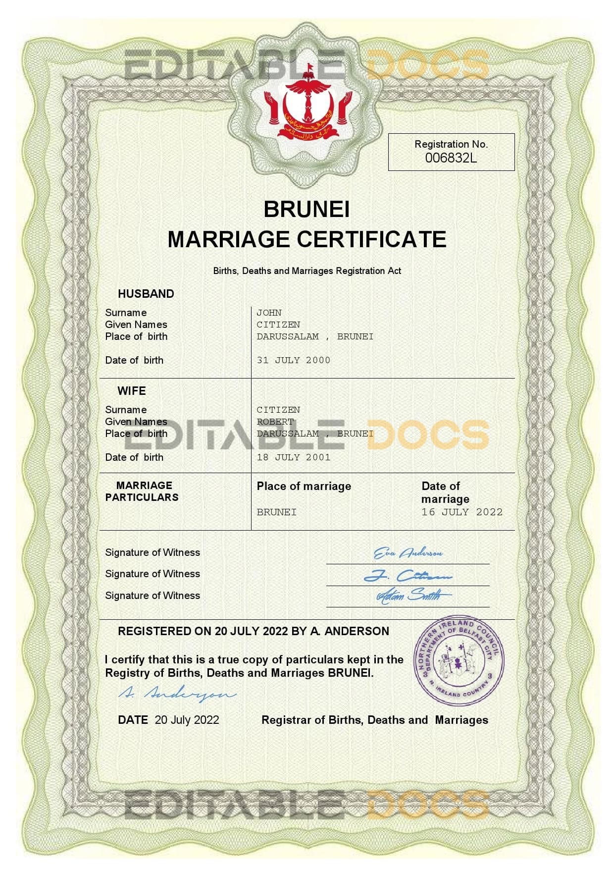 Brunei Marriage Certificate Editable PDF Templates