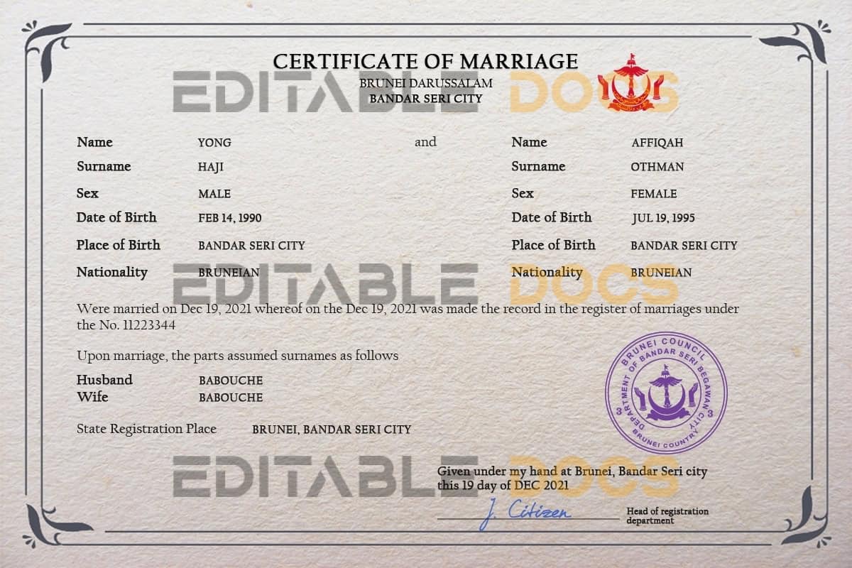 Brunei Marriage Certificate Editable PSD Templates