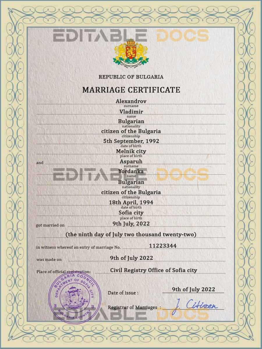 Bulgaria Marriage Certificate Editable PSD Templates